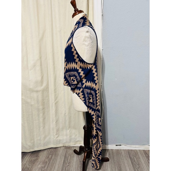 Timing Aztec Print Duster Vest Women's M/L Blue Tan Open Front Long Cardigan - Picture 5 of 10